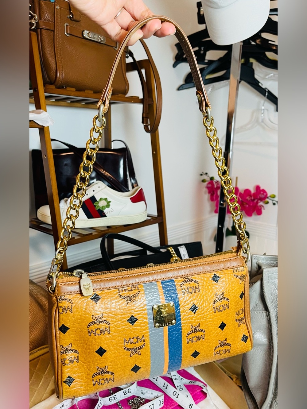 MCM Pochette Cognac Logo-Print Shoulder Bag with Blue Stripe and Gold Hardware